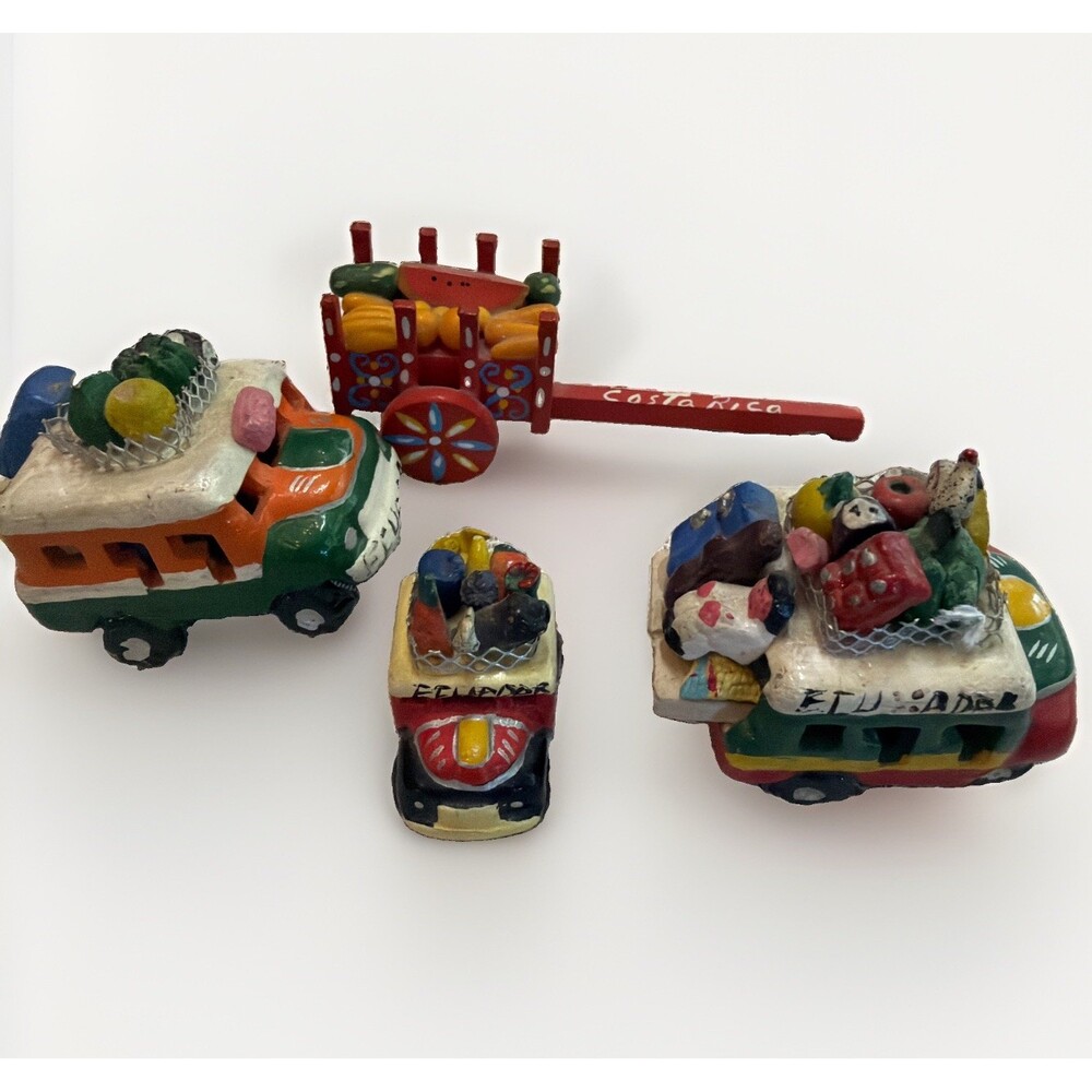 Vintage Colombian South American Clay Jeep, Bus & Cart Folk Art Sculptures 2”-4”